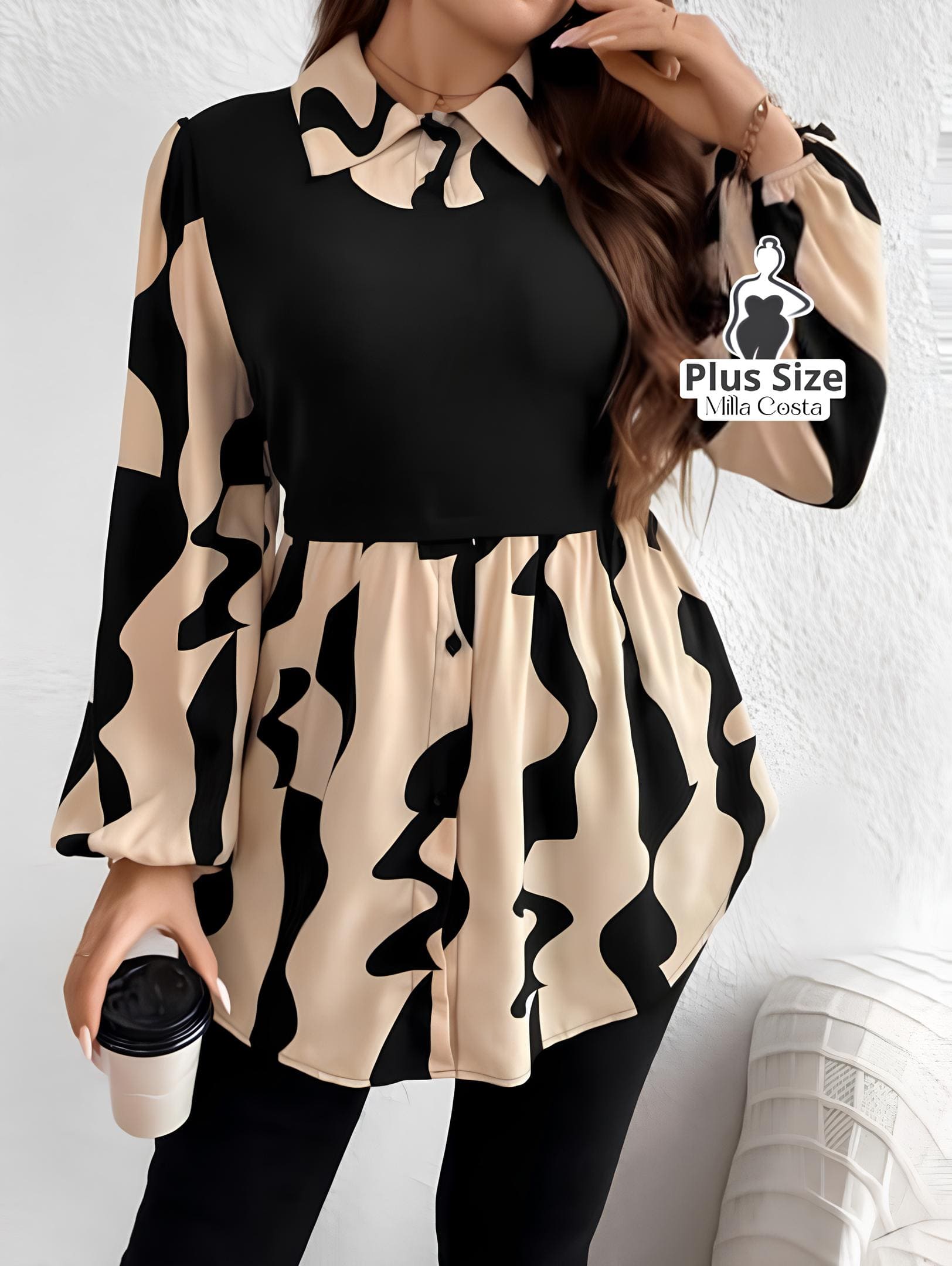 Camisa 2 em 1 com Recorte Elegante e Manga Longa Plus Size