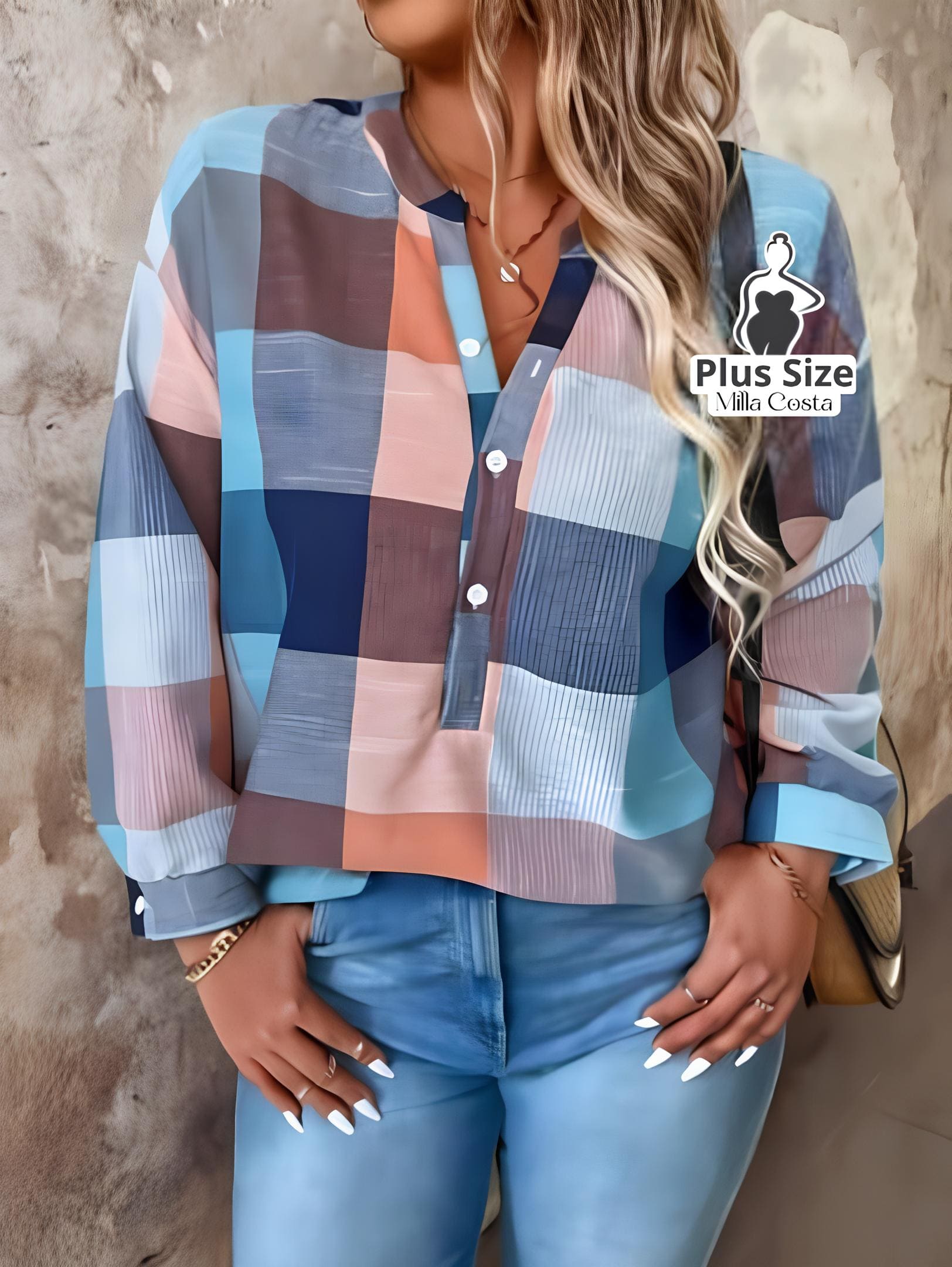 Camisa Xadrez Longa Com Manga Dobrável Plus Size