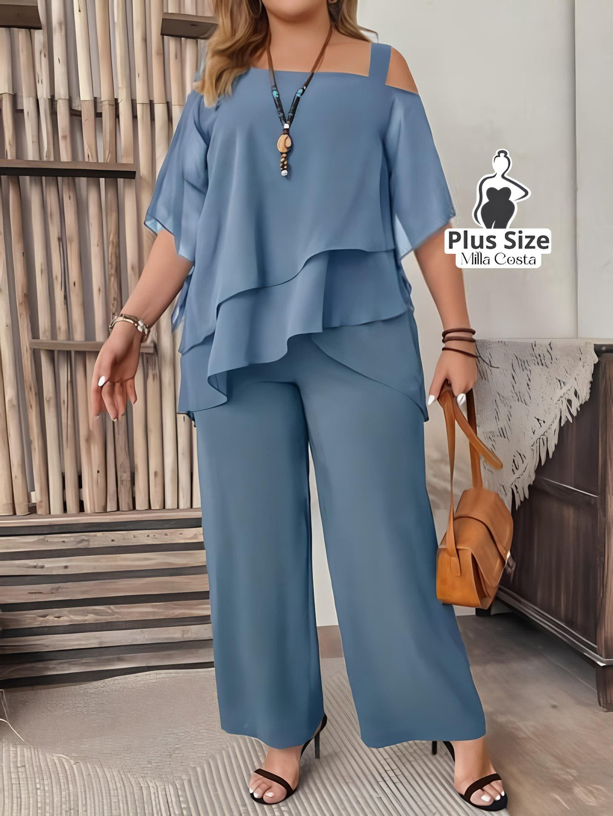 Conjunto Feminino de Blusa com Camadas e Calça Pantalona Plus Size