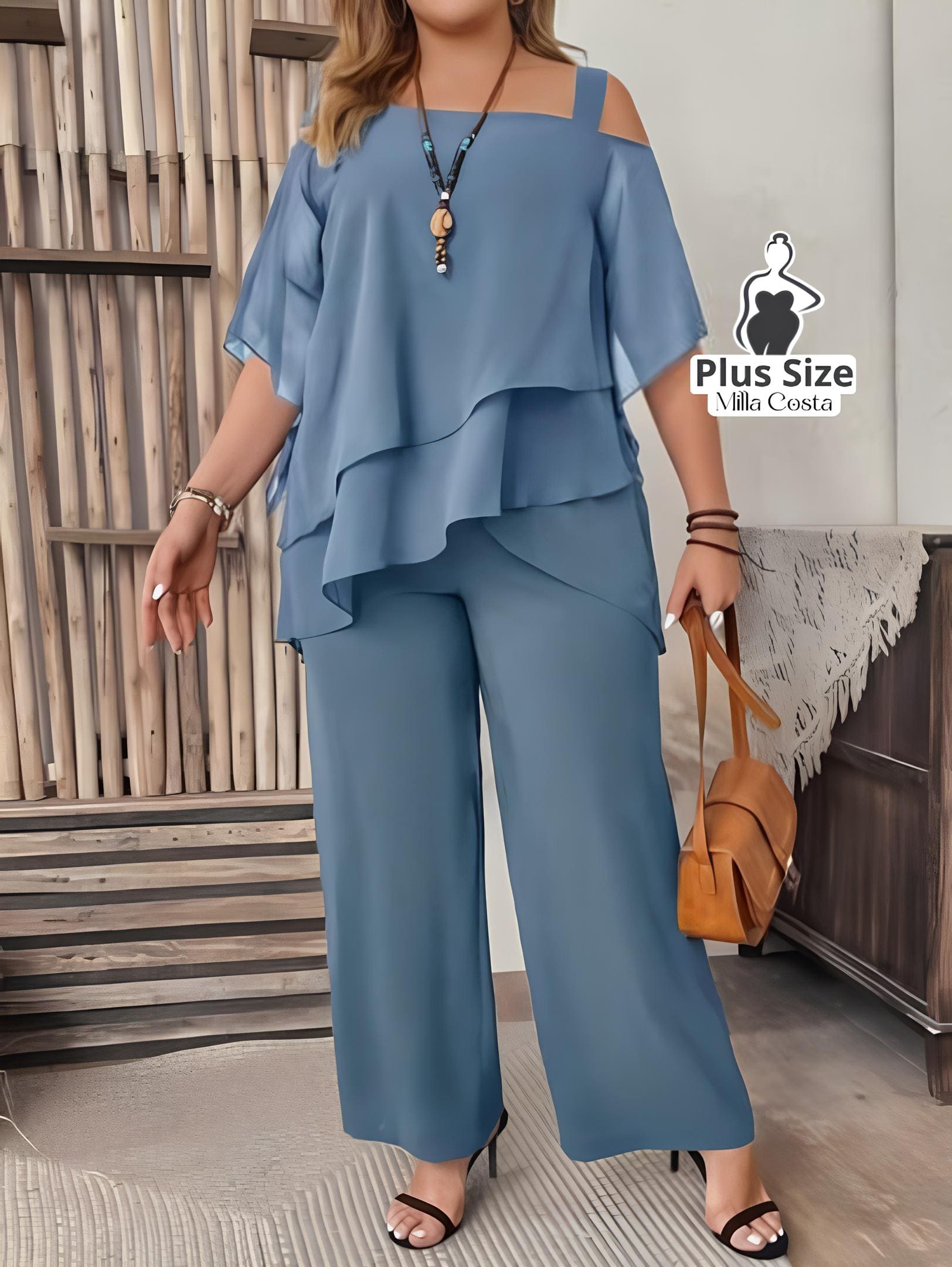 Conjunto Feminino de Blusa com Camadas e Calça Pantalona Plus Size