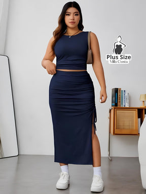 Conjunto Com Top Cropped e Saia Midi com Fenda e Amarração Plus Size