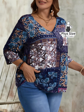 Blusa Estampada De Manga Longa Com Bolsos Plus Size