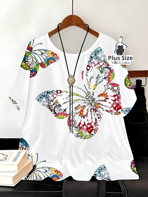 Blusa Estampada de Borboleta Com Caimento Solto Plus Size