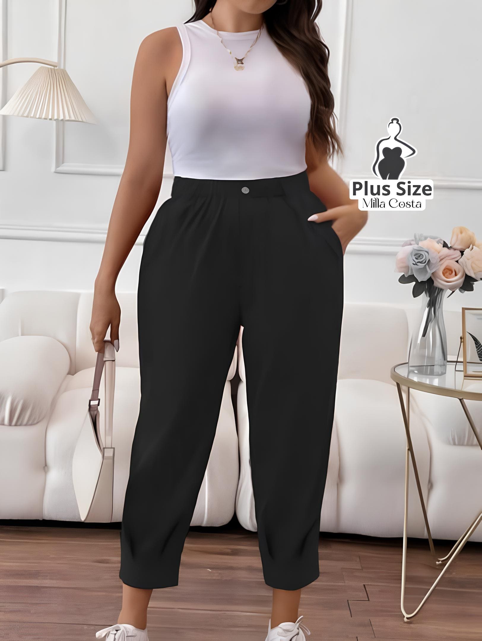 Calça Cintura Alta com Detalhe Moderno Plus Size