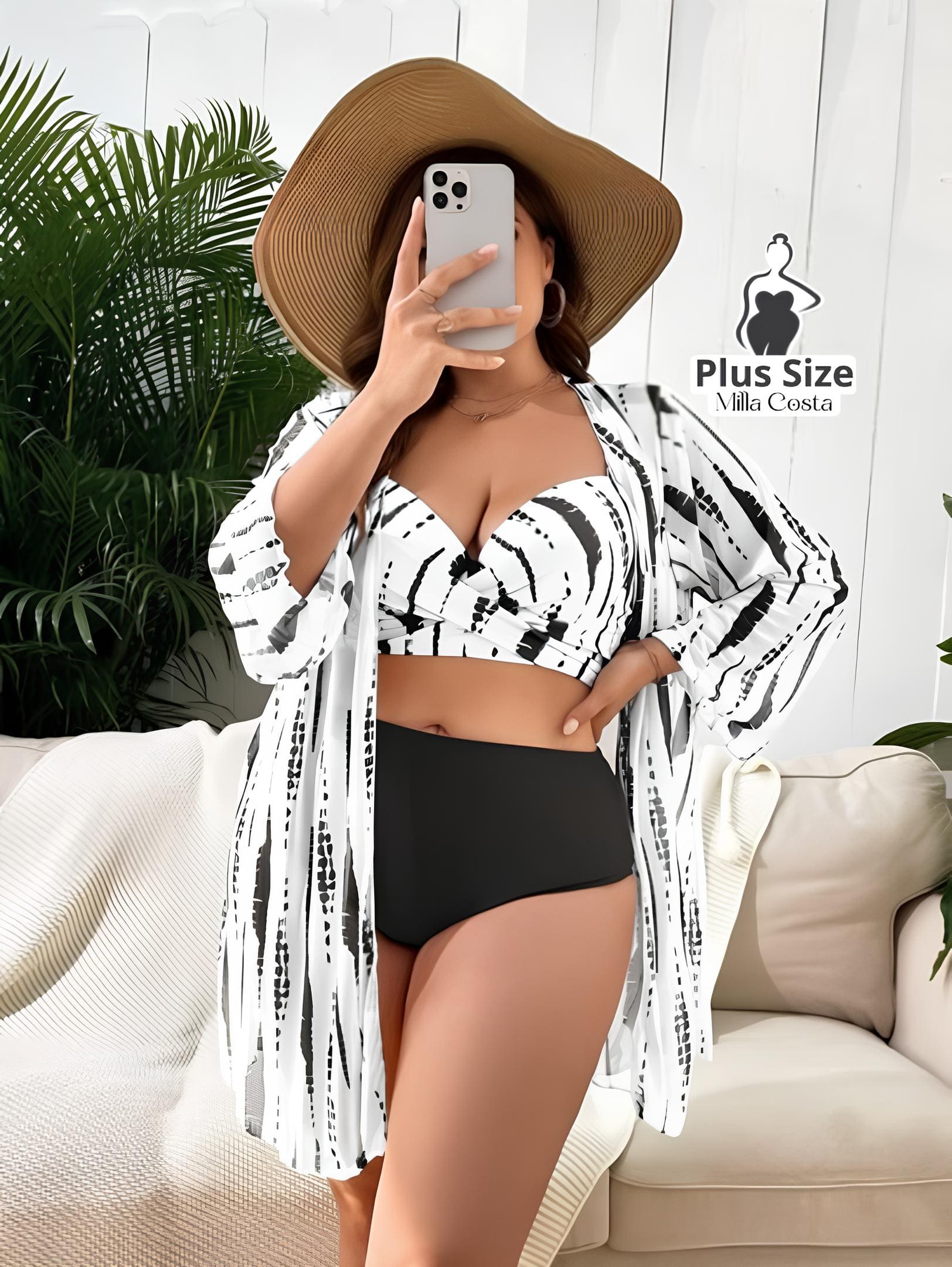 Conjunto De Biquíni Com Saída De Praia Estampada Plus Size