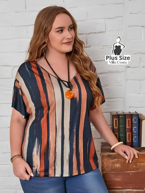 Blusa Elegante De Linhas Verticais Com Decote V Plus Size