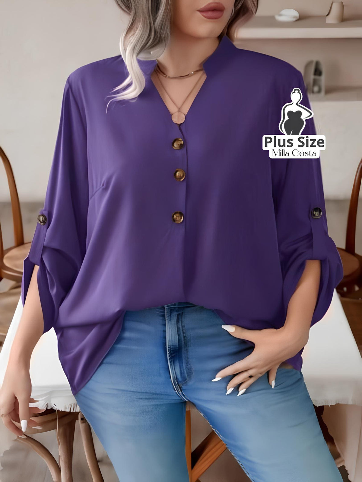 Blusa Feminina Com Botões e Manga 3/4 Casual Elegante Plus Size