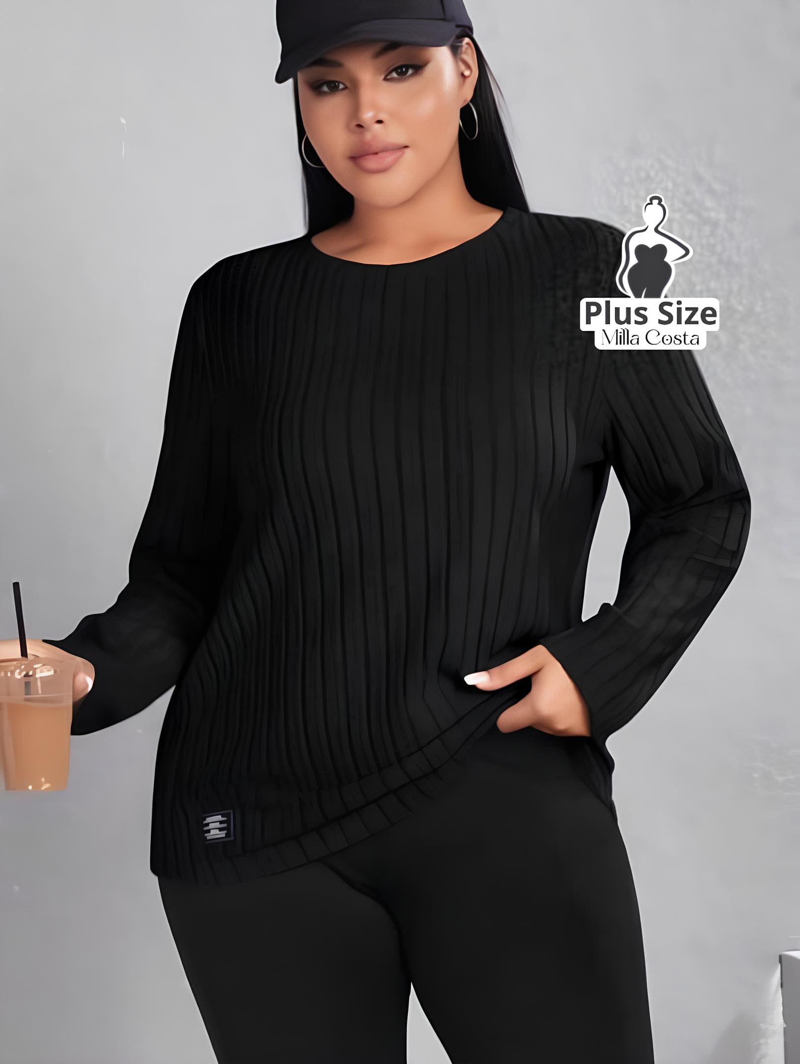 Blusa Canelada Casual Com Manga Longa Plus Size