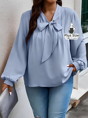 Blusa Com Laço e Manga Longa Elegante Plus Size