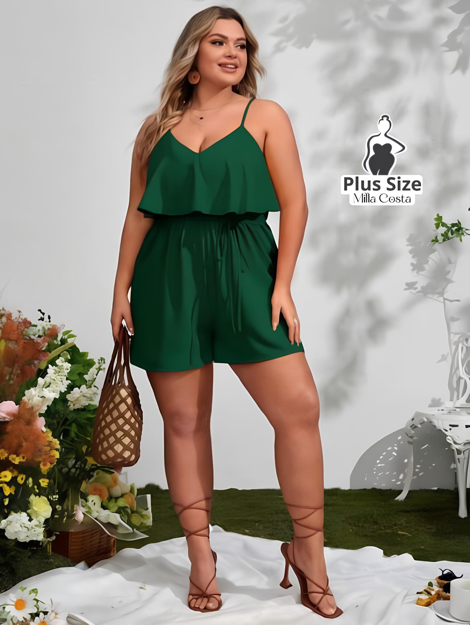 Macacão Curto Com Alças Finas Plus Size