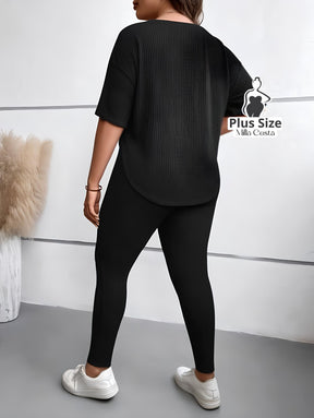 Conjunto Canelado com Blusa Solta e Legging Justa Plus Size