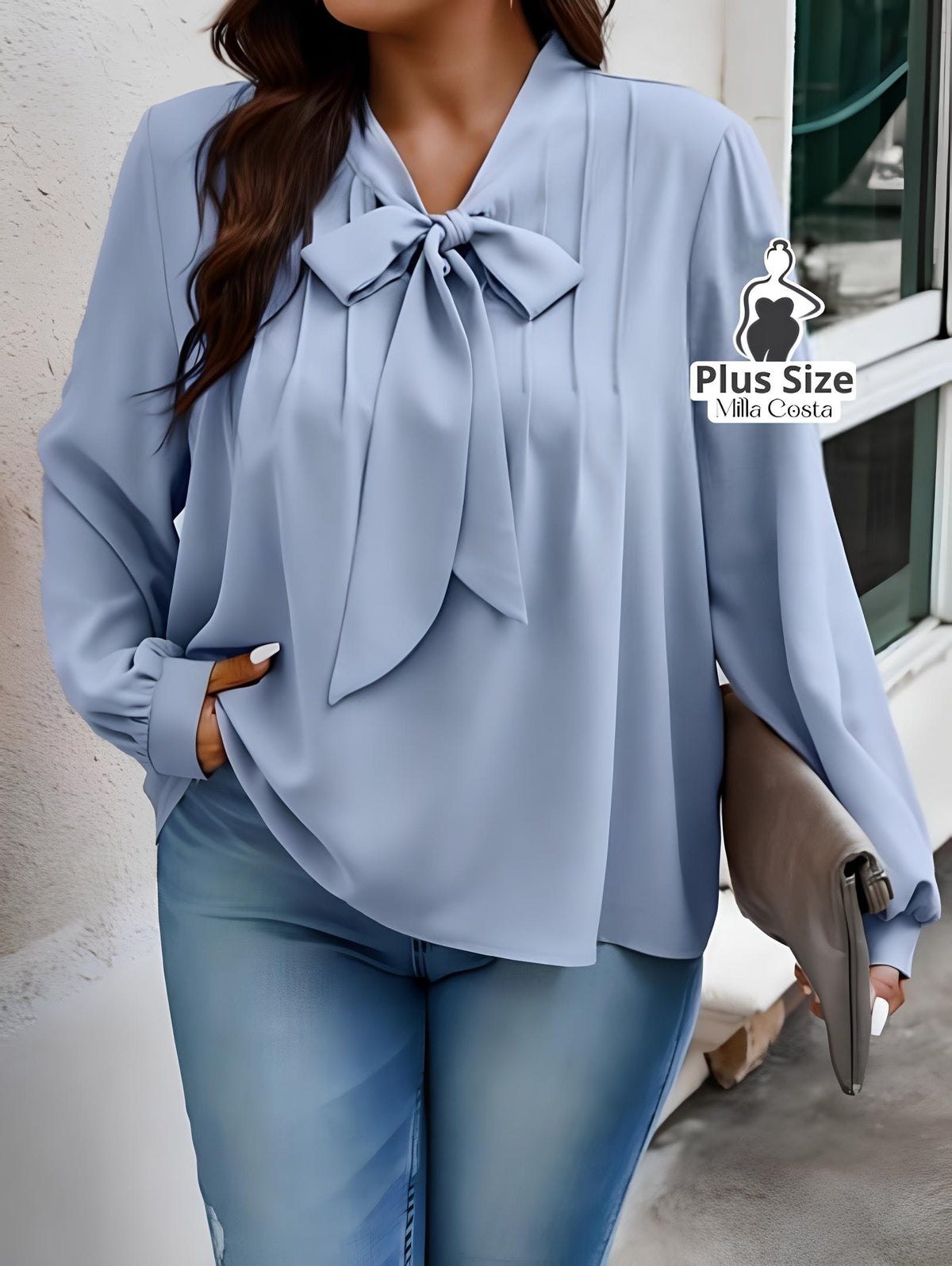 Blusa Com Laço e Manga Longa Elegante Plus Size