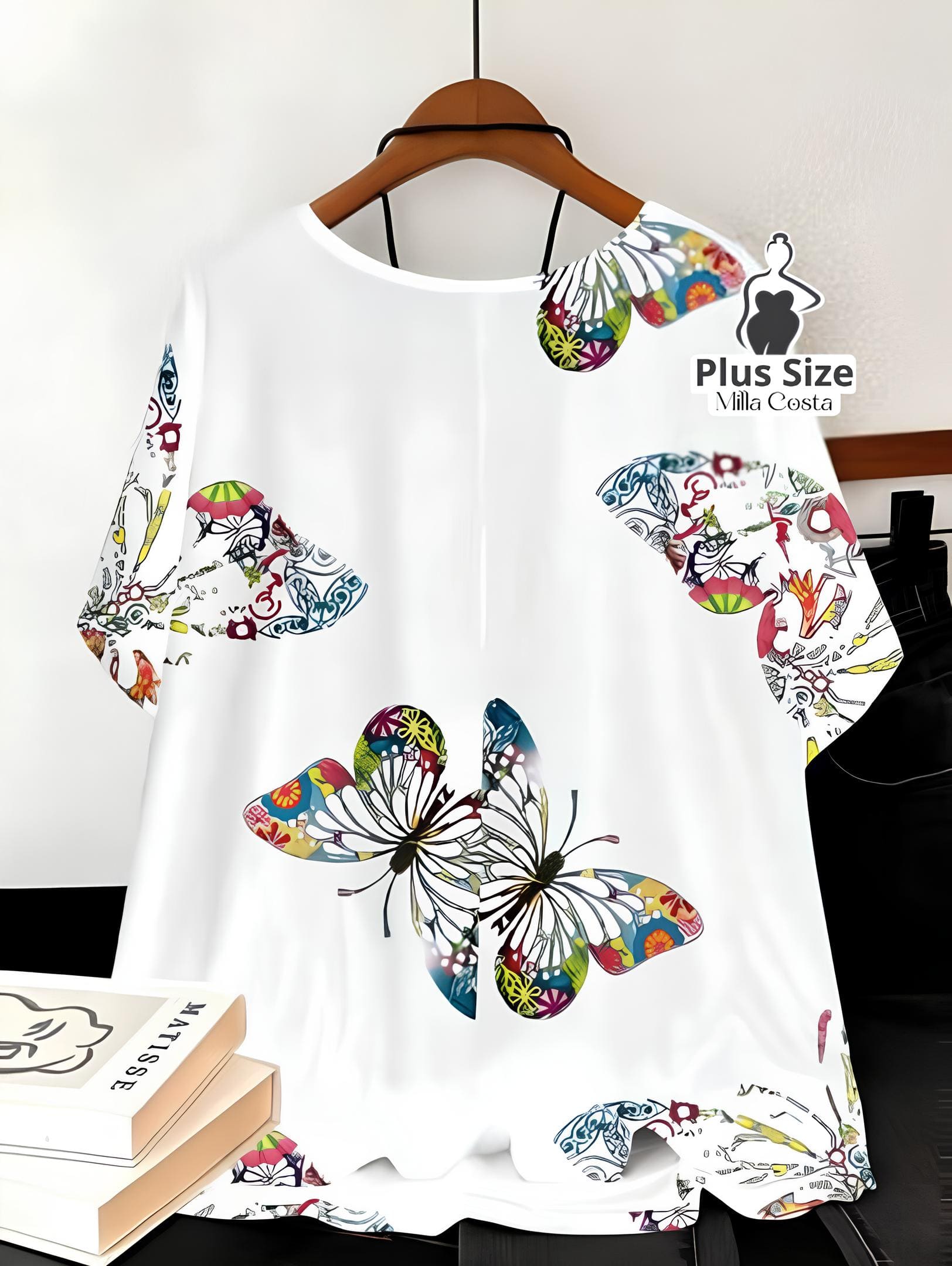 Blusa Estampada de Borboleta Com Caimento Solto Plus Size