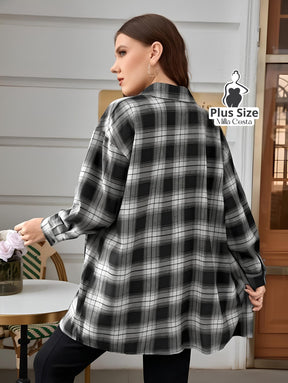 Camisa Xadrez de Manga Longa Estilo Casual Plus Size