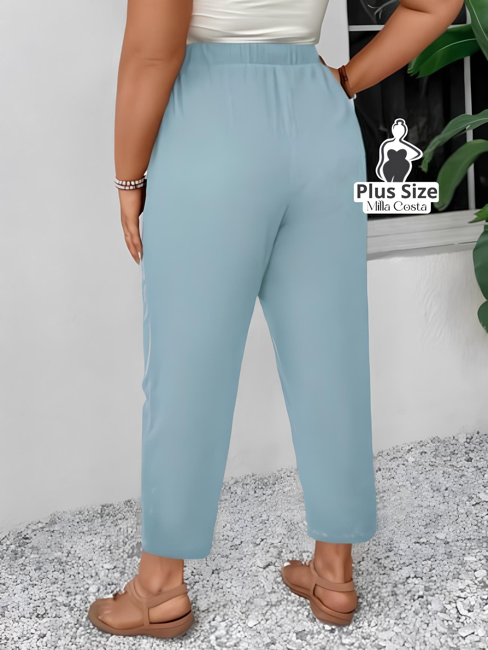 Calça de Cintura Alta Com Cordão Ajustável Plus Size