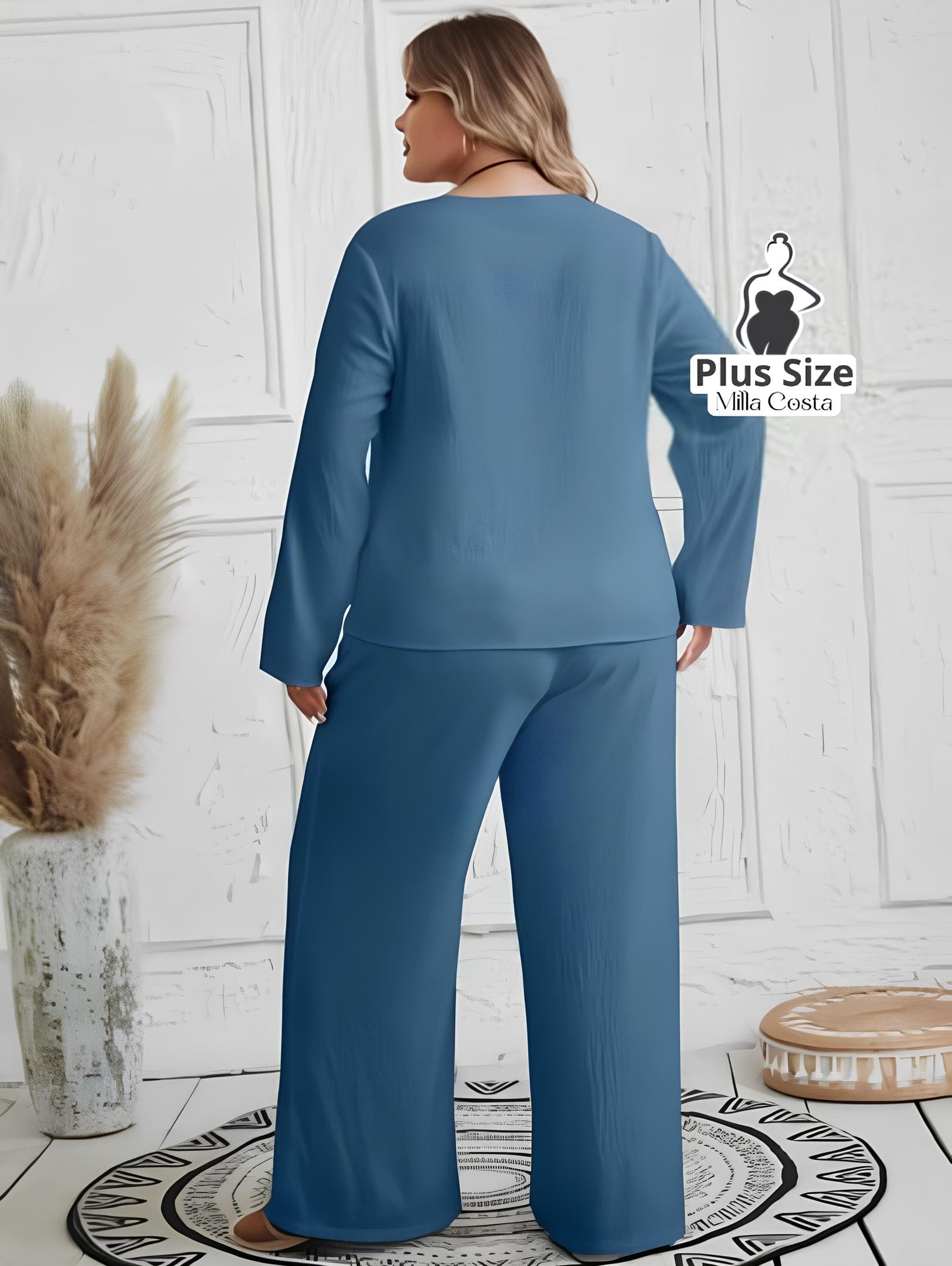 Conjunto Feminino de Blusa e Calça Com Detalhes de Botões Plus Size