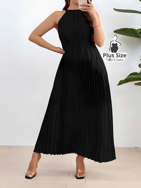 Vestido Longo Plissado com Gola Alta Plus Size