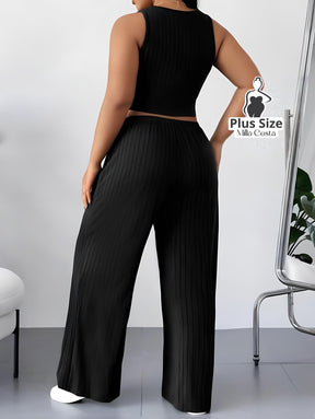 Conjunto Elegante Com Top Cropped e Calça Flare Texturizada Plus Size