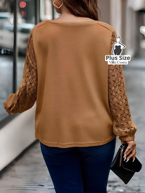 Blusa Casual Com Mangas Vazadas Em Tecido Plus Size