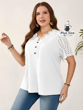 Blusa Com Renda E Detalhes Vazados Plus Size