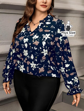 Blusa De Manga Longa Com Estampa Floral Plus Size