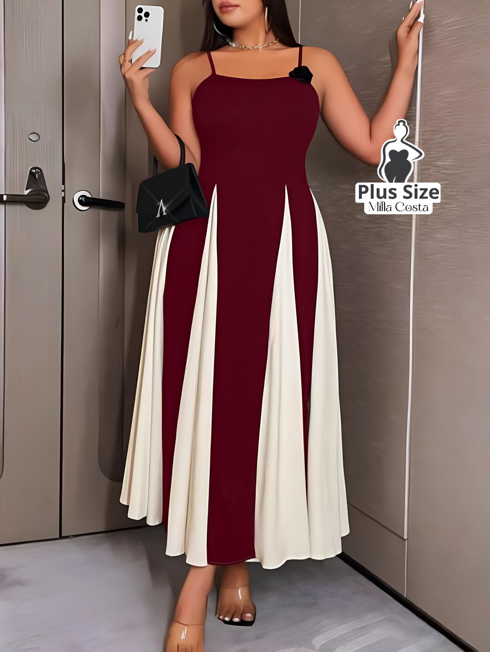 Vestido Midi Bicolor com Alças Finas e Saia Ampla Plus Size