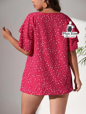 Blusa de Babados Com Estampa de Poás Plus Size