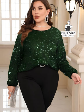 Blusa de Paetês Com Mangas Longas Elegante Plus Size