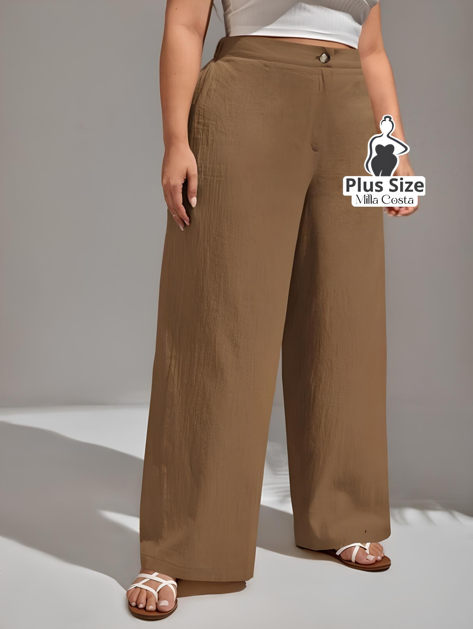 Calça Pantalona de Linho Com Fechamento Frontal Plus Size