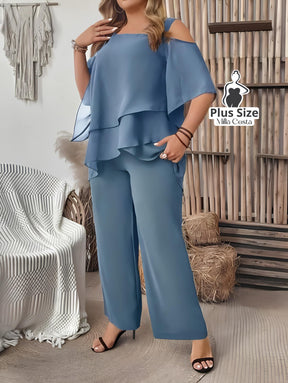 Conjunto Feminino de Blusa com Camadas e Calça Pantalona Plus Size