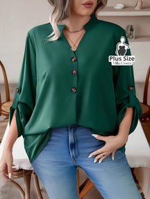 Blusa Casual com Botões e Manga 3/4 Ajustável Plus Size