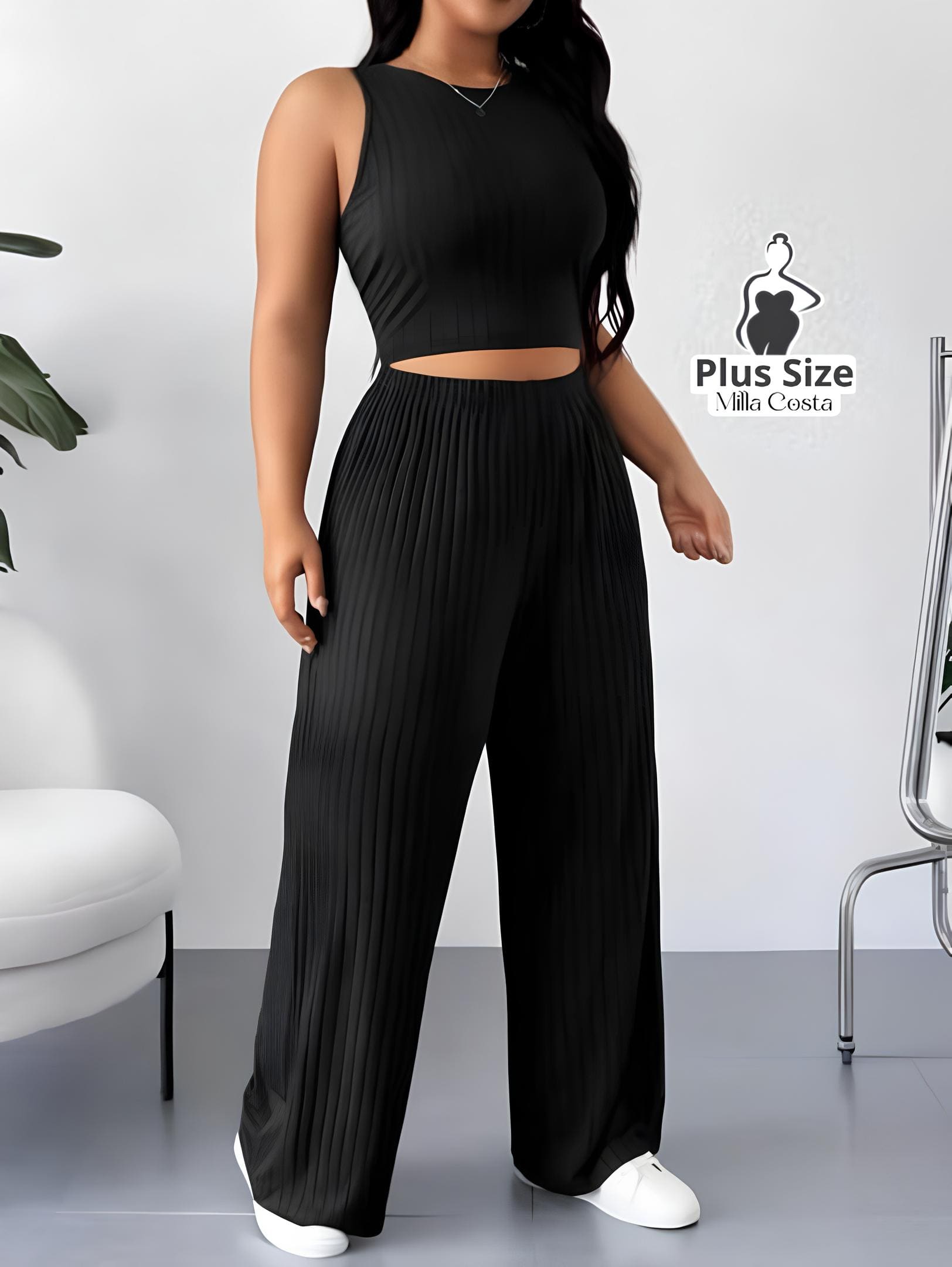 Conjunto Elegante Com Top Cropped e Calça Flare Texturizada Plus Size