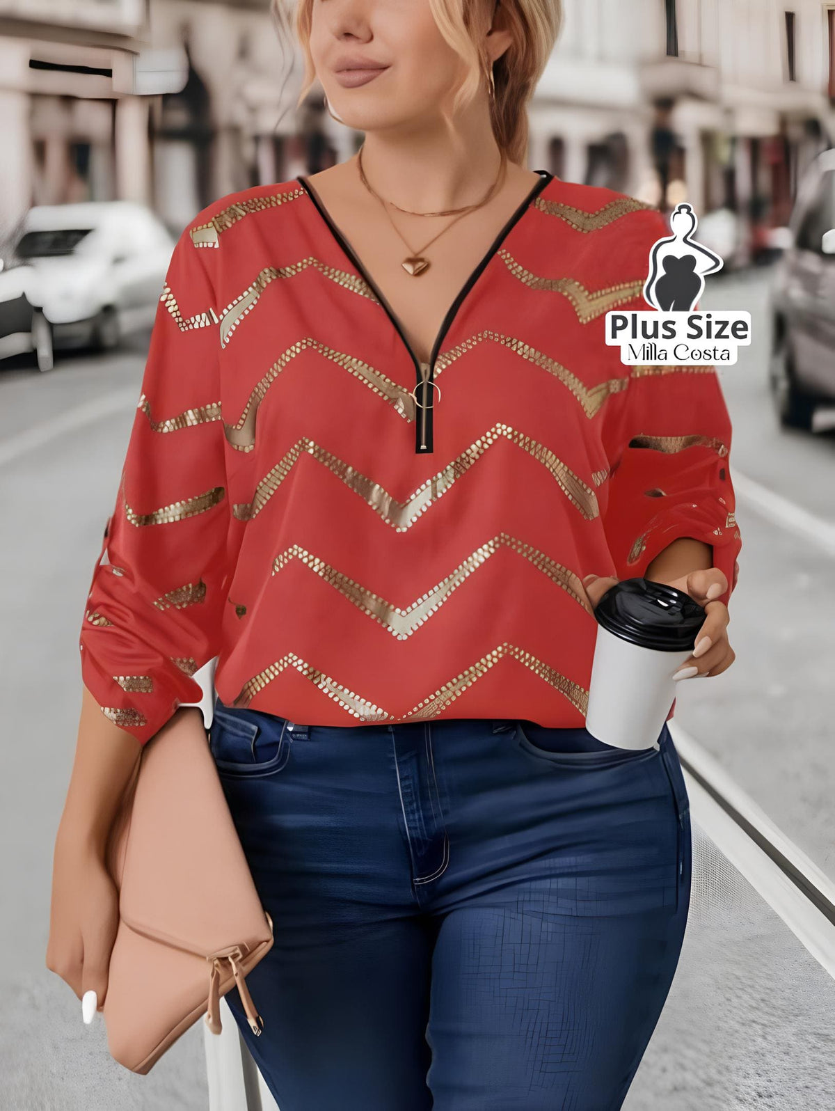 Blusa com Estampa Chevron e Decote em Zíper Plus Size