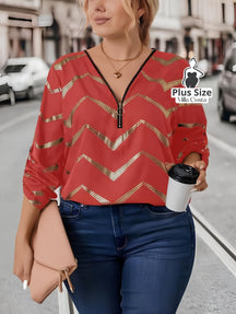 Blusa com Estampa Chevron e Decote em Zíper Plus Size