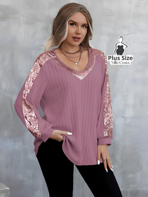 Blusa de Tricô com Paetês nas Mangas e Decote V Elegante Plus Size