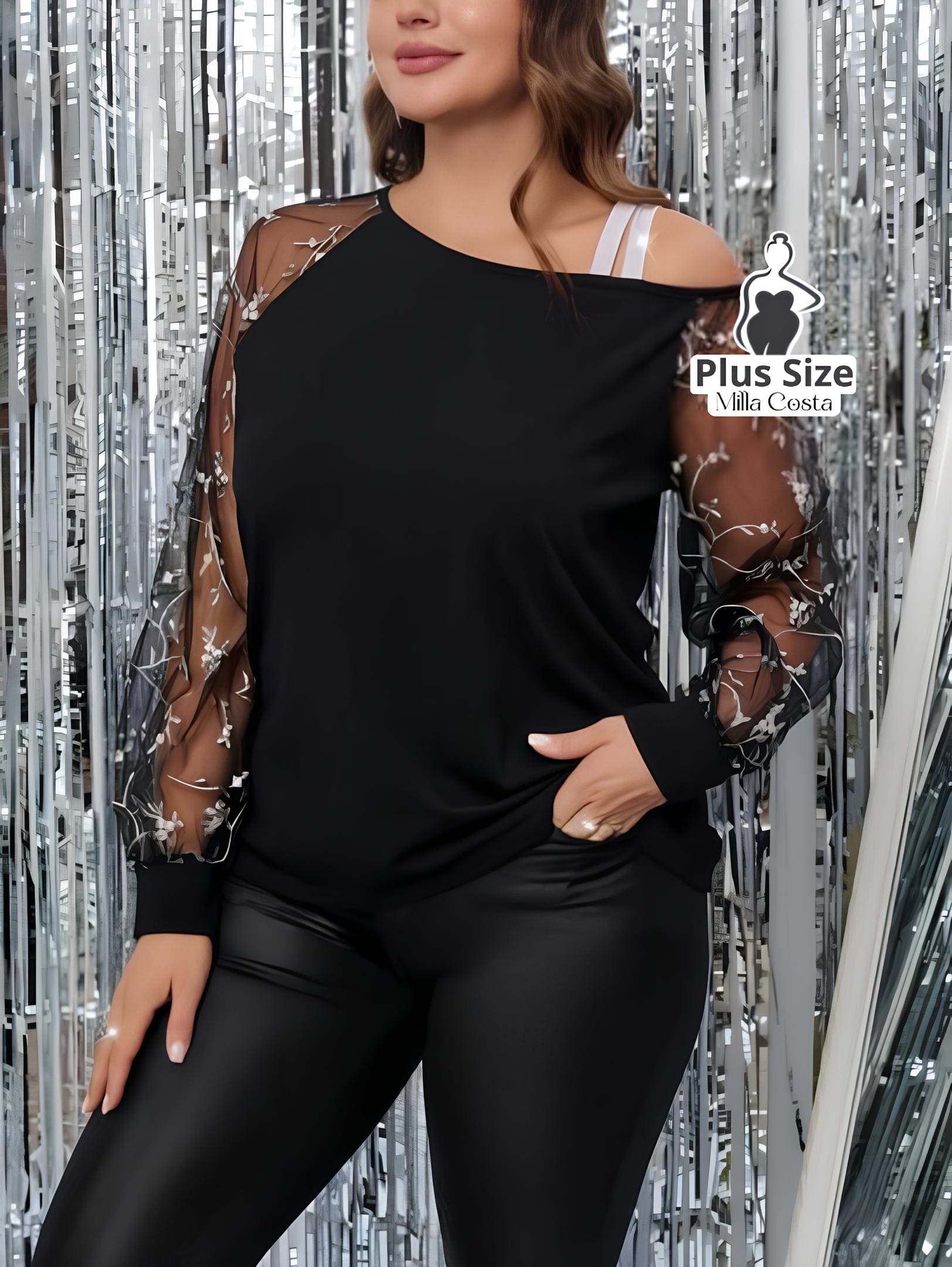 Blusa de Ombro Aberto Com Manga de Brilho Plus Size