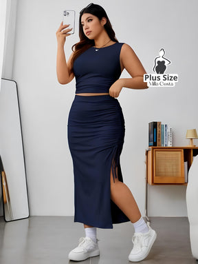 Conjunto Com Top Cropped e Saia Midi com Fenda e Amarração Plus Size