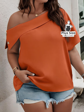 Blusa Ombro Caído Com Detalhe de Botão Plus Size