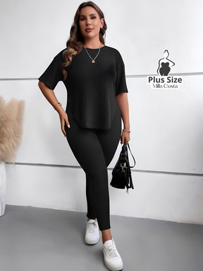 Conjunto Canelado com Blusa Solta e Legging Justa Plus Size