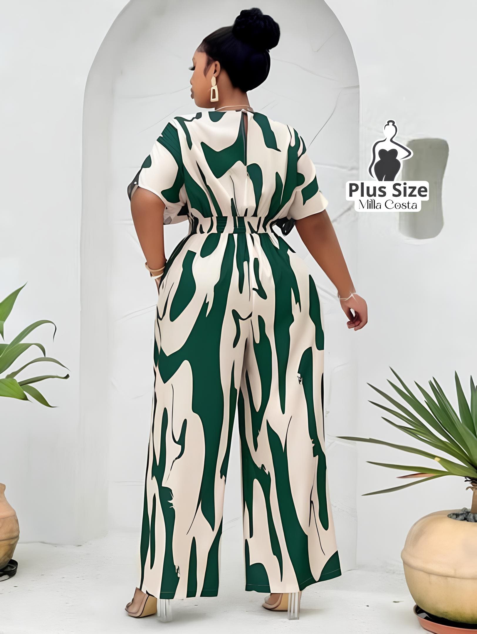 Macacão Estampado Elegante Com Cintura Marcada Plus Size