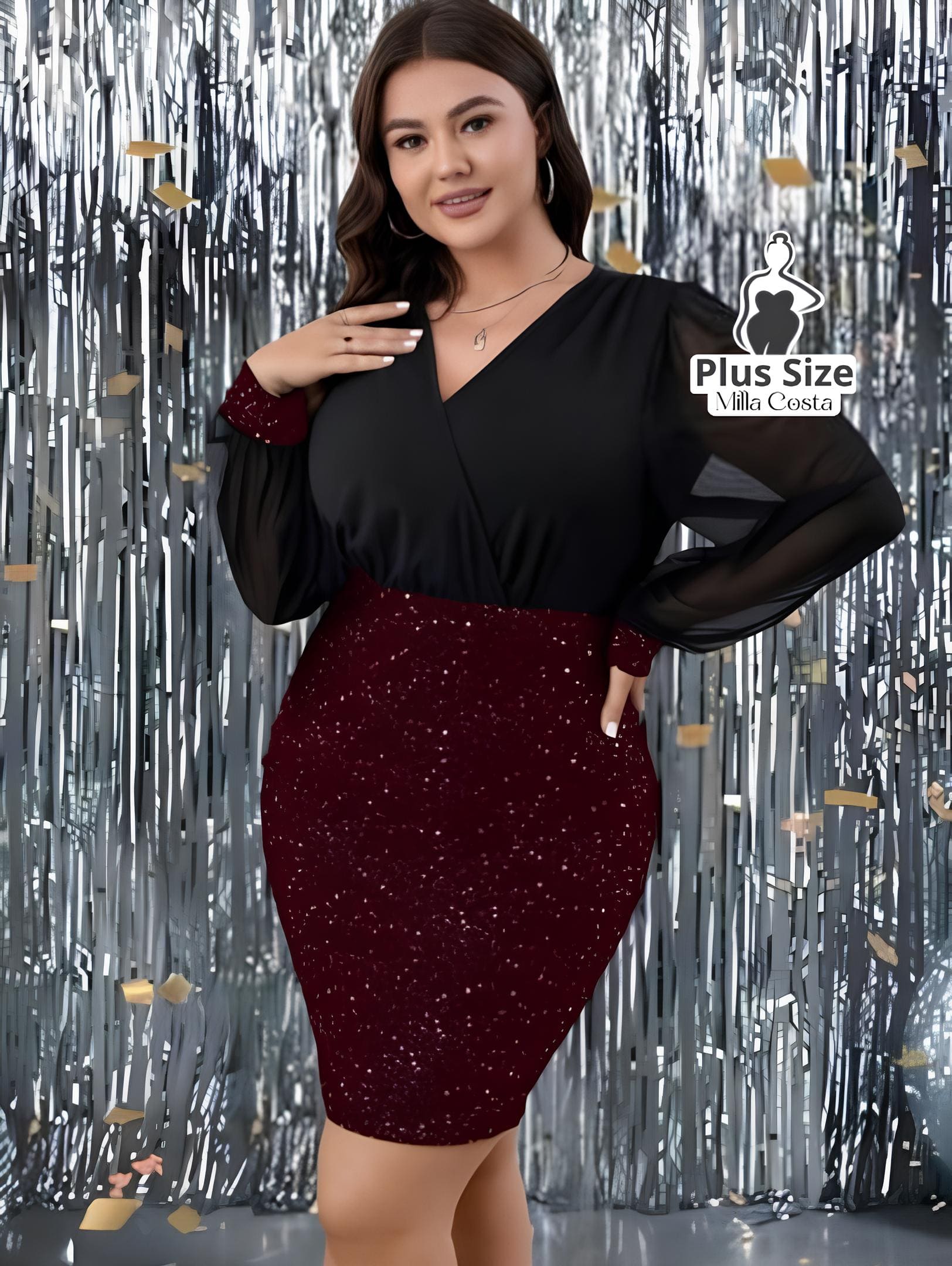 Vestido Curto de Festa com Paetês e Mangas Longas Transparentes Plus Size