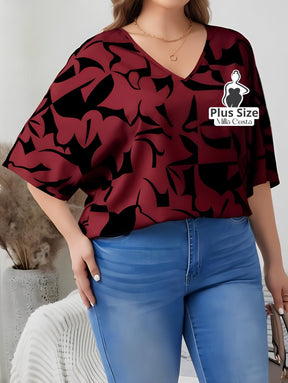 Blusa Estampada Com Mangas Amplas e Decote Em V Plus Size