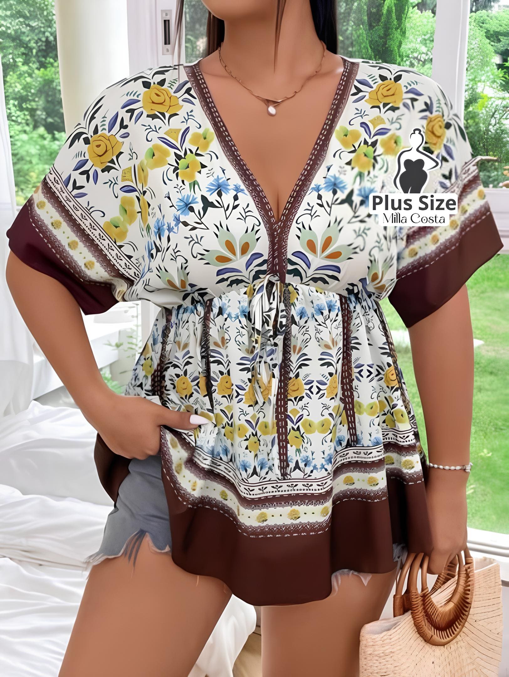 Blusa Estampada Floral Com Ajuste na Cintura Plus Size