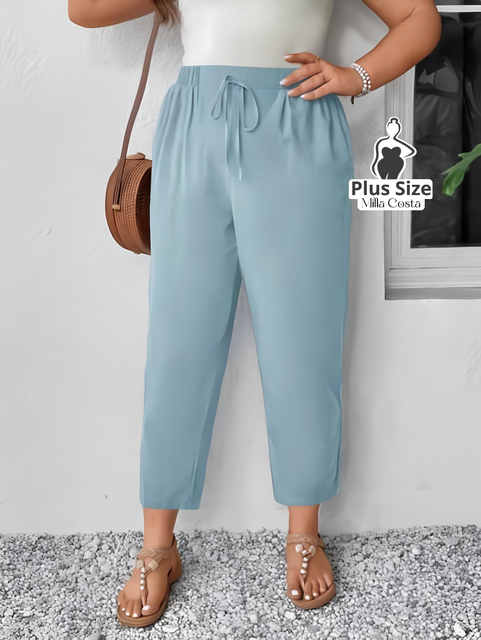 Calça de Cintura Alta Com Cordão Ajustável Plus Size