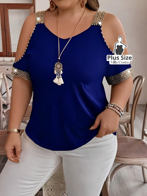 Blusa Com Detalhes de Pedraria e Ombros Vazados Plus Size