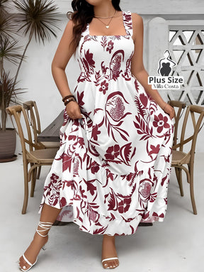 Vestido Longo Estampado com Lastex e Alças Largas Plus Size