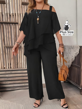 Conjunto Elegante De Camadas E Pantalona Plus Size