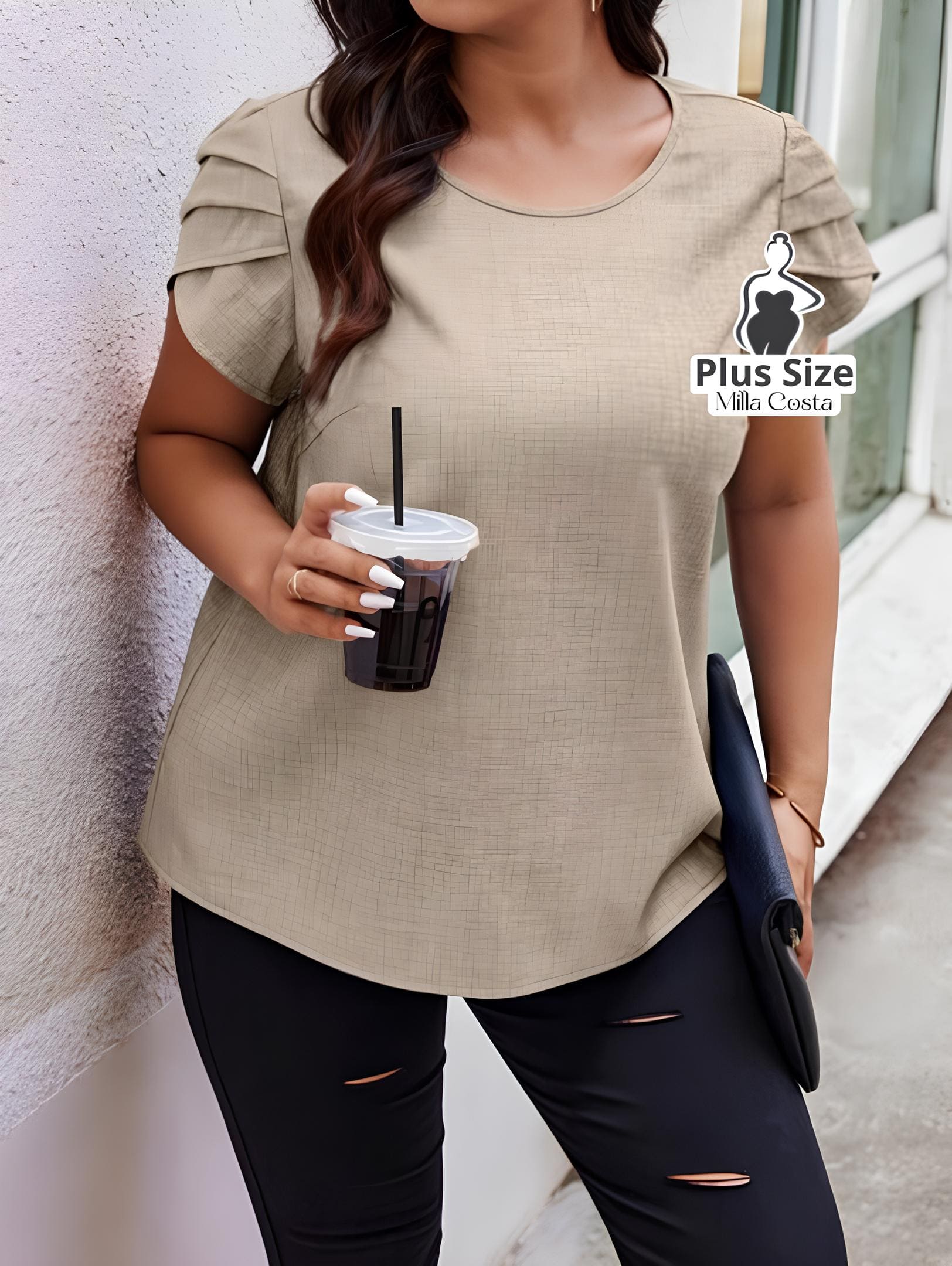 Blusa Texturizada Com Mangas Franzidas Plus Size