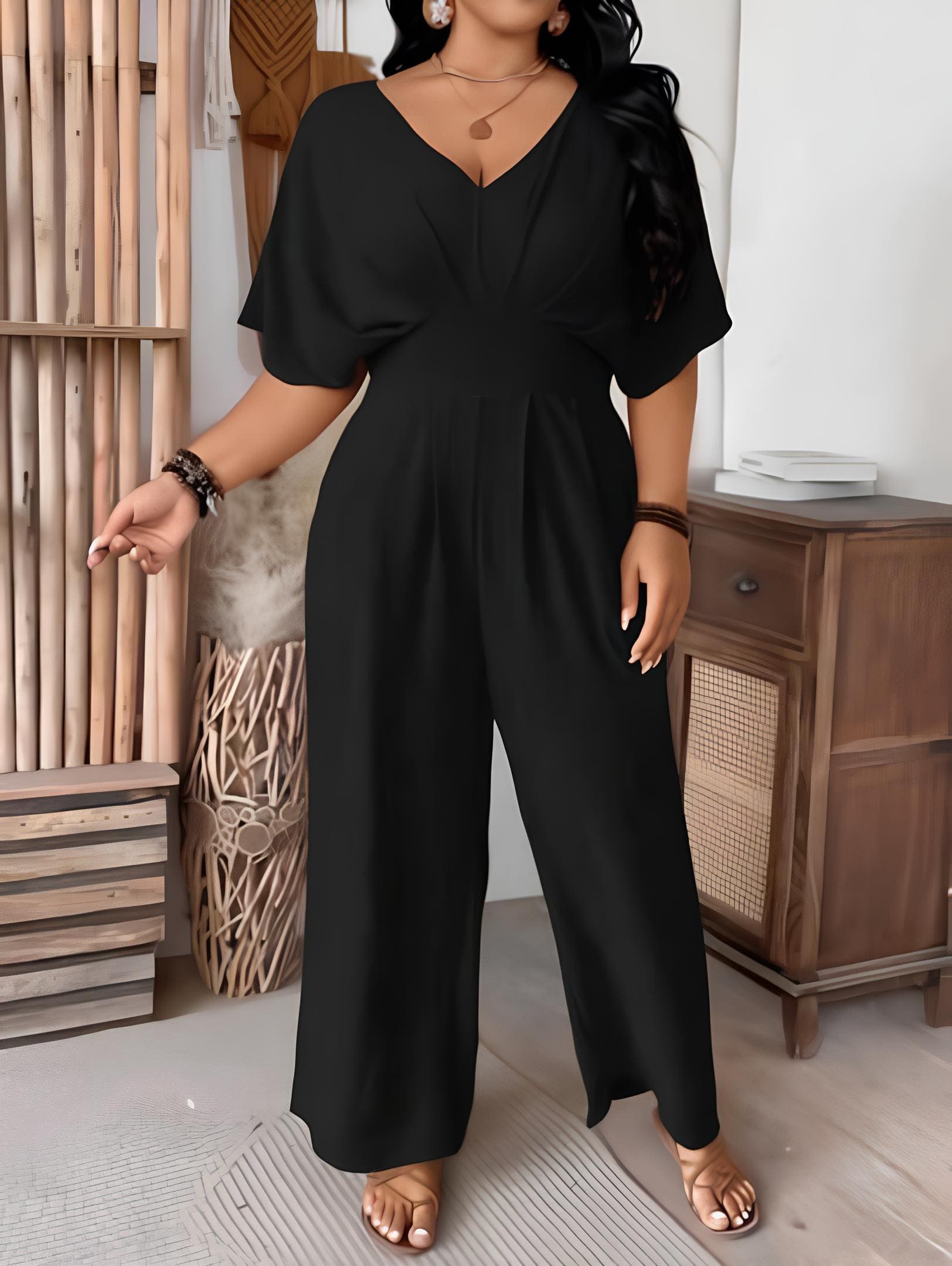 Macacão Elegante Com Mangas Ampla Plus Size