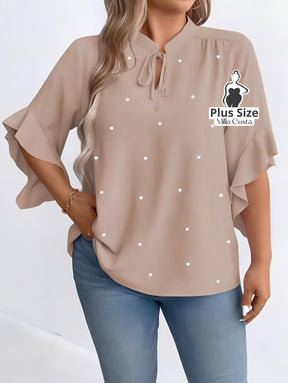 Blusa com Detalhe de Pérolas e Mangas Com Babados Plus Size